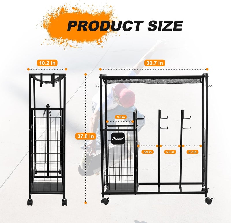 PLKOW Skateboard Storage Rack with Wheels, Sports Organizer for Skateboards, Scooters, Balls, Helmets and Sports Gear, Heavy Duty Sports Storage Rack for Garage, Home or School Use - Image 3